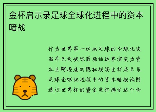 金杯启示录足球全球化进程中的资本暗战