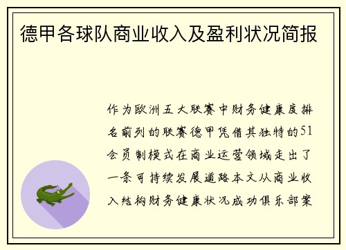 德甲各球队商业收入及盈利状况简报