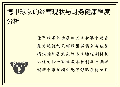 德甲球队的经营现状与财务健康程度分析